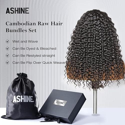 ASHINE Human Hair Bundles Deep Wave Unprocessed Cambodian Raw Hair 18 20 22 Inch, Flip Over Quick Weave Wet and Wave Bundles for Women Natural Black thumbnail 7