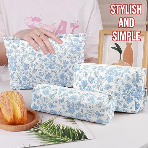 Gocvo 3 Pcs Makeup Bag Cosmetic Bag Set for Girls Women Checkered Travel Organizer Bathroom Toiletry Pouch Large Capacity Storage Bag(Blue Flower) thumbnail 6