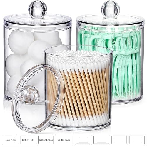 AOZITA 3 Pack Acrylic Qtip Holder Dispenser for Cotton Swab, Ball, Round Pads, Floss Picks - 10 oz Clear Plastic Apothecary Jar Set for Bathroom Canister Storage Organization, Vanity Makeup Organizer thumbnail 9