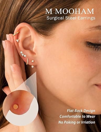 M MOOHAM Hypoallergenic Gold Flat Back Stud Earring Stack for Women | 14K Gold Plated, Flatback Stud Earrings Set for Women, Cartilage Earrings Stack for Sensitive Ears, Trendy Jewelry Gifts thumbnail 3