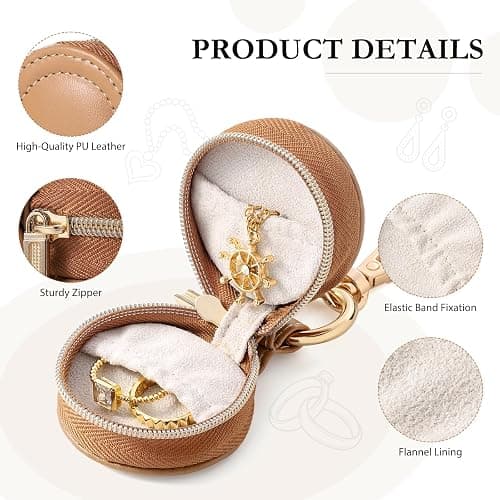 Oranllow 2 Pcs Portable Jewelry Ring Holder Boxs with Keychain, Small Jewelry Travel Sports Ring Keeper Case Earring Stud Necklace Storage Organizer Case (White+Khaki) thumbnail 4