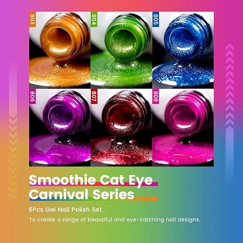 RARJSM 9D Neon Cat Eye Gel Nail Polish Set 6 Colors Velvet Silver Glitter Bright Orange Blue Red Green Rose Purple Ice Gel Polish with Magnet Stick UV LED Curing Requires Soak Off Home Salon Diy thumbnail 5
