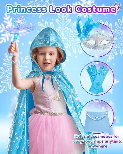 Frozen Toys for Girls-Princess Dress Up Set, 3 Lighting Mode Princess Cape, Music & Light Up Wand, Kids Makeup Kit, Wig, Mask, Gloves, Dress-up Accessories for Princess Cosplay Costume for Girl Age 3+ thumbnail 5