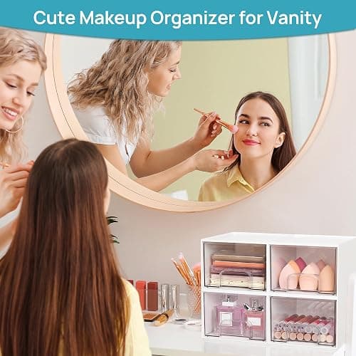 Vtopmart 4Pack Small Stackable Storage Drawers, Bathroom Makeup Organizer,Plastic Storage Bins For Vanity, Undersink, Kitchen Cabinets, Pantry, Home Organization(White) thumbnail 5