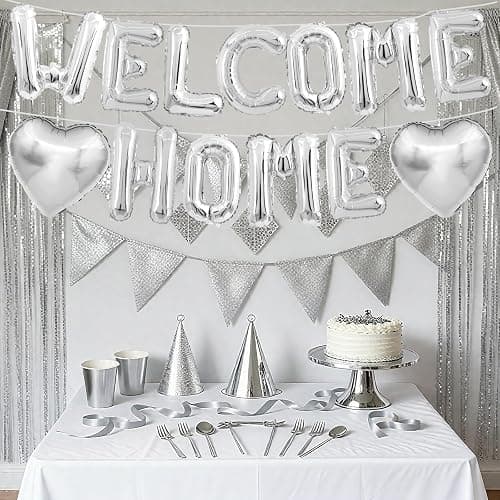 Welcome Home Balloons Silver,16Inch Welcome Home Foil Balloons Banner with 18Inch Heart Balloon Welcome Home Party Decorations for Homecoming Party House Warming Party Family Party Decorations thumbnail 4
