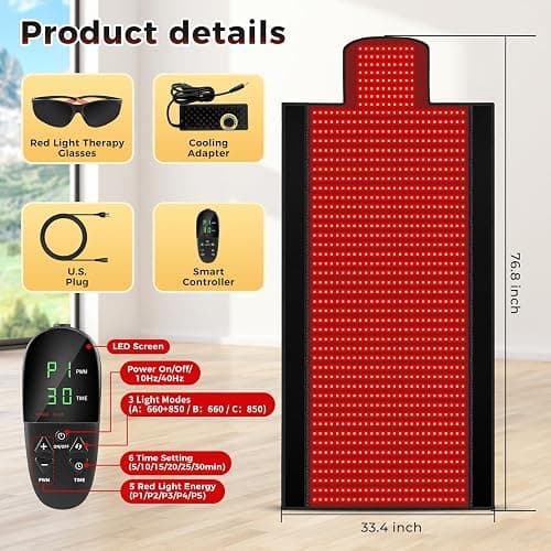 Body Red Light Therapy Mat, Eligible Red Light Therapy Blanket, 2in1 LEDs(660nm& 850nm), Premium Leather, Adjustable Timer & Intensity 195x60cm 1370 LEDs thumbnail 2