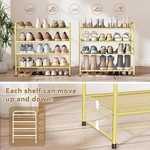 MWQ Modern Shoe Rack, 4 Tier Heavy Duty Metal Mesh Shoe Shelf 27 Inch Wide, Gold thumbnail 6