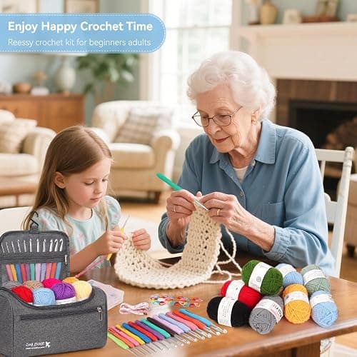 Reessy Crochet Kits for Beginners Adults, Complete Crochet Kit with 15Pcs × 25g Yarn Ergonomic Metal Crochet Hooks 2.0-10.0mm Storage Bag, Crochet Starter Kits for Adults Learn to Crochet- Grey thumbnail 2