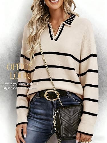 Women's Polo Sweater Long Sleeve V Neck Striped Collared Pullover Fall Sweater Tops 2025 thumbnail 3