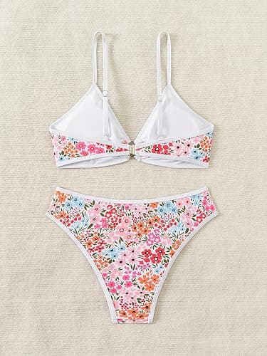 Fanuerg Women's Triangle Bikini Sets O Ring Linked Two Piece Swimsuits Floral Printed Cheeky Bathing Suit thumbnail 5