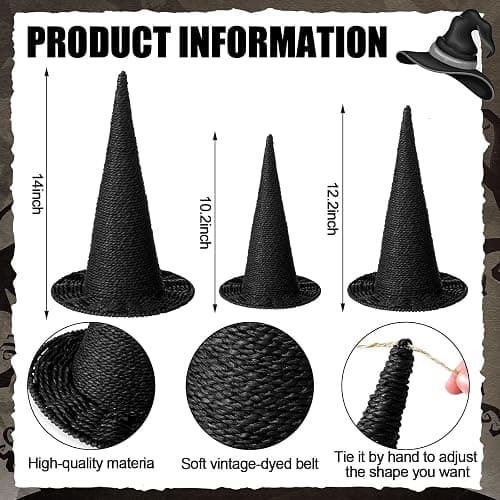 Beeveer 3 Pcs Halloween Rattan Witch Hat Decor, 14/12.2/10.2 Inch Handcrafted Black Rope Wizard Hats, 3D Rustic Farmhouse Spooky Decorations for Home Fireplace Door Table thumbnail 2