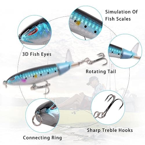 Whopper Fishing Lure for Bass, 5pcs Popper Lures Plopper Floating Pencil Bait with Rotating Tail Treble Hooks for Pike Catfish Bass Saltwater Freshwater thumbnail 2