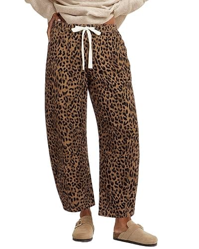 GRAPENT Barrel Jeans for Women Trendy High Waisted Pull On Wide Leg Cropped Leopard Cheetah Print Stretchy Denim Pants - Image 1