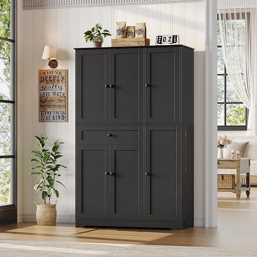 HOSTACK 68" Tall Kitchen Pantry Storage Cabinet, Modern Kitchen Hutch Cabinet with Doors and Shelves, Freestanding Food Pantry with Large Storage Drawer for Dining Room, Living Room, Black thumbnail 2