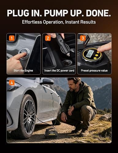 AstroAI AIRUN H Tire Inflator Portable Air Compressor, 12V DC Tire Inflator, Auto Shut-Off with Digital Pressure Gauge & LED Light, Fast Inflation for Ca, Motorcycle, Bike Tires, 9.8Ft Cord, Yellow thumbnail 8