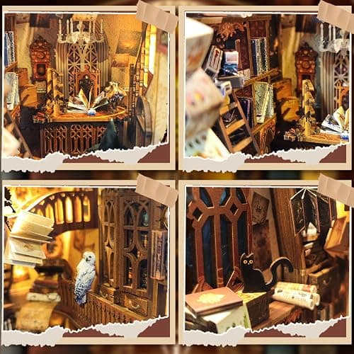 BuzzoXerex DIY Book Nook, Fermalibri in Legno 3D con Copertura Antipolvere, DIY Miniature Kit con Luce LED Manuale per Arredare le Librerie e fare Regali Creativi (Mondo Magico) thumbnail 4