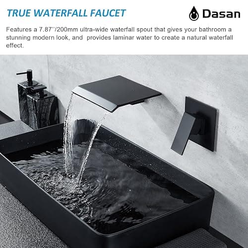 DASAN Wall Mount Waterfall Bathroom Faucet Matte Black in Wall Sink Faucet, Single Handle Wall Mounted Modern Faucet for Bathroom with Upgraded Rough in Valve - Matte Black thumbnail 2