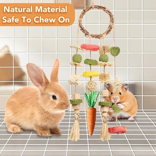 Jorewood Rabbit Chew Toys Bunny Cage Hanging Toy and Treats Rattan Ring with Snacks for Rodent Pets Teeth Healthy thumbnail 3