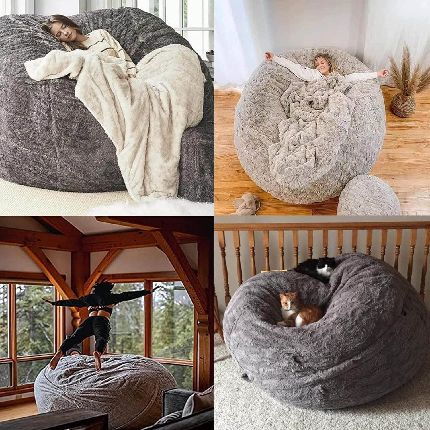 Giant Fur Bean Bag Adult Chair Living Room Furniture Large Round Soft Fluffy Faux Fur Bean Bag (No Padding) Lazy Bed Cover (Color:Black,Size:1.5m) thumbnail 7