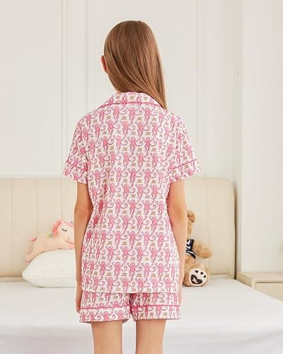 HMPEAIIY Cute Monkey Pajamas Set for Girls, Kids Summer Button Down Matching Y2k Loungewear PJs Christmas Thanksgiving Gift thumbnail 7