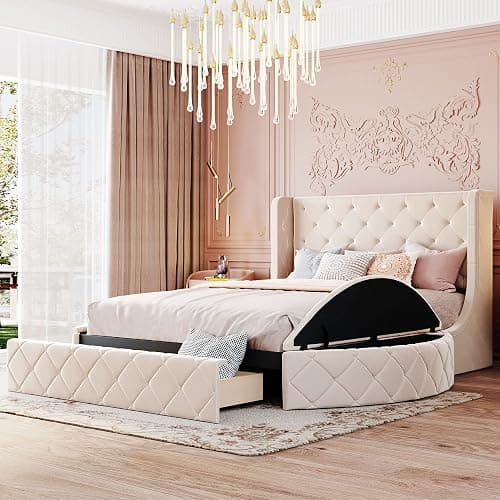 HomSof Upholstered Platform Bed Queen Size Storage Beige Velvet Bed with Wingback Headboard, 1 Big Drawer and 2 Side Storage Stool - Queen(with Drawers and Storage Stool) - Beige - Image 1