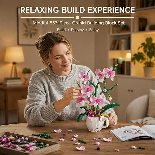 LQPFBSM Pink Orchid Flower Botanical Building Block Set 567 Pcs | Bouquet in Coffee Cup Model Kit Elegant Home Office Desk Decor Creative Plant Craft Gift for Women Adults thumbnail 2