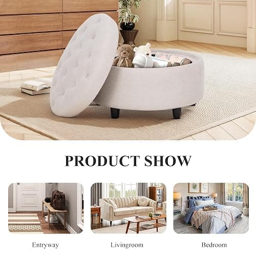 COLAMY Fabric Round Storage Ottoman with Reversible Tray Lid – Multi-Functional Footrest, Hidden Storage, Sturdy & Stylish Small Coffee Table for Living Room, Bedroom, or Entryway(Beige) thumbnail 5