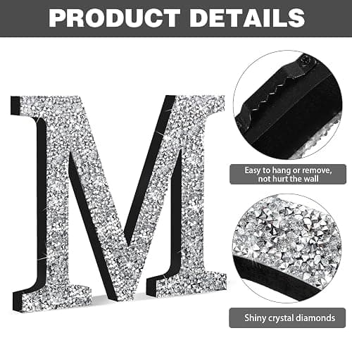 Qunclay Silver Crystal Diamond Bling Letters Crushed Diamond Decorations Wooden Glitter Letters with Screw and Hooks Rhinestone Gifts for Christmas Wedding Bedroom Wall Decor (8''l X 8''w,Letter M) thumbnail 4