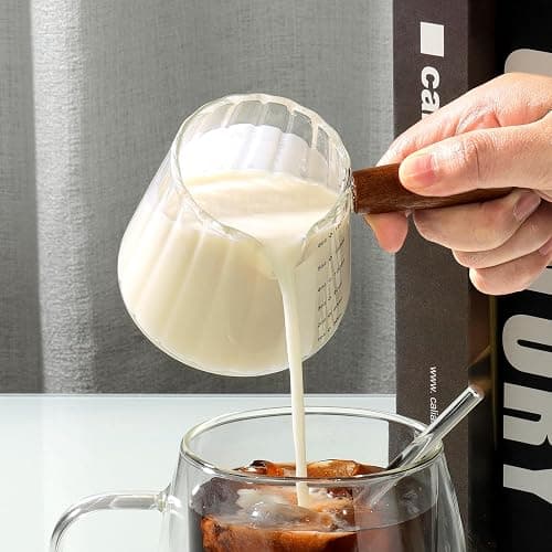 Joeyan 6 oz Glass Measuring Cups with Spout,Borosilicate Glass Triple Pitcher with Scale,Origami Style Espresso Shot Glasses with Wood Handle for Coffee Milk,Dishwasher Safe thumbnail 4