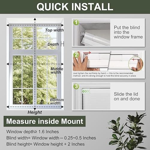 Sulugood No Drill No Tools Blackout Cellular Shades Easy to Install for Indoor Windows Cordless Honeycomb Blinds Thermal Insulated Noise Reduction,White,Custom Size thumbnail 7