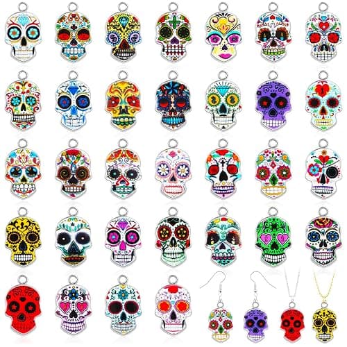 XJWWHZ 64Pcs Halloween Skull Charms, Halloween Alloy Charm Enamel Pendant Charms for Jewelry Making, Bracelet, Earring - Image 1