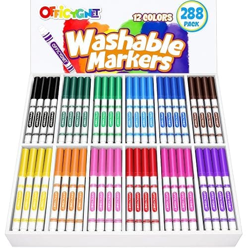 Officygnet 288 Count Washable Markers Bulk, Coloring Markers for Kids, Thin Marker Bulk in 12 Assorted Colors, Fine Line Marker with Conical Tip,Back to School Supplies, Teacher Classroom Must Haves - Image 1