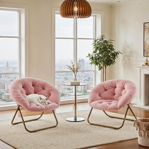 YSSOA Saucer Chair, Comfy Faux Fur Chair for Bedroom, Saucer Chairs for Adults, Teens, Round Shaped Moon Chair with Foldable Metal Frame, Pink thumbnail 7