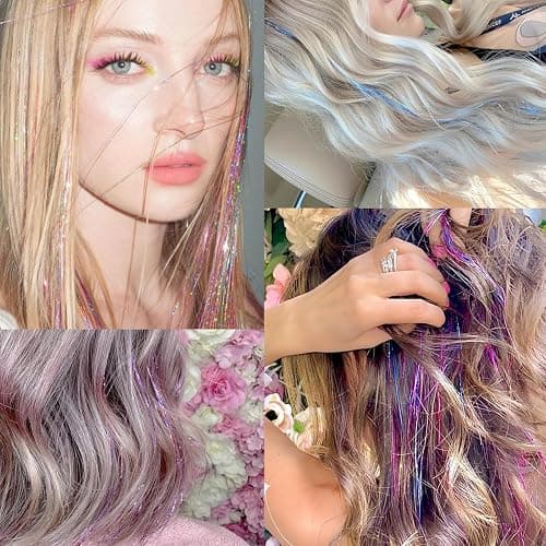 Hair Tinsel,18 Colors Hair Tinsel Kit for Girls 7600 Strands Fairy Tinsel Hair Extensions Holographic Hair Tinsel Heat Resistant Colored Hair Glitter Christmas Party Festival (18 Colors) thumbnail 5