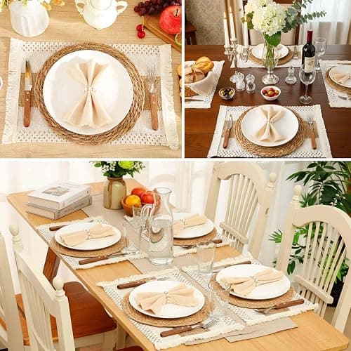 Gandeer 6 Sets Boho Placemats, Including 12 Inch Round Woven Rattan Placemats, Rectangle Burlap Boho Table Mats, Pearl Napkin Rings, Handmade Farmhouse Table Chargers for Home Wedding Party Decoration thumbnail 6