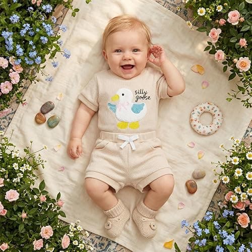 FYBITBO Newborn Baby Girl Summer Shorts Clothes Goose Embroidery Short Sleeve Romper Waffle Shorts Set One Silly Goose Outfit thumbnail 2