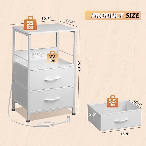 WLIVE White Night Stand with Charging Station, LED Nightstand with 2 Fabric Drawers and Storage Shelf, Dorm Bedside Table End Table with 2 USB Ports and Outlets, Small Dresser for Bedroom thumbnail 3