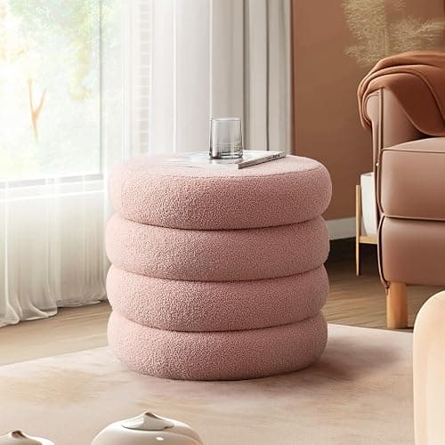 JIRAIN 20.1 Inch Round Storage Ottoman, Modern Sherpa Ottoman Coffee Table with Removable Top, Pink Vanity Stool with Storage for Bedroom, Living Room, Dorm, Set of 1 thumbnail 9