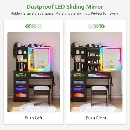 HNEBC Vanity Desk with Sliding Mirror and LED Lights, RGB Vanitys with Charging Station, Makeup Vanitys with Remote Control, White Dresser with Stool/Lager Drawers for Bedroom (Black) thumbnail 7