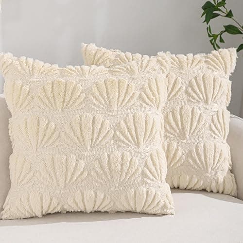 Tosleo Sea Pillow Covers 18x18 inch Set of 2 Farmhouse Decor Beige Shell Throw Pillow Cover Soft Plush Faux Fur Jacquard Pillow Case Ocean Themed Cushion Covers for Summer Sofa Home Decor - Image 1