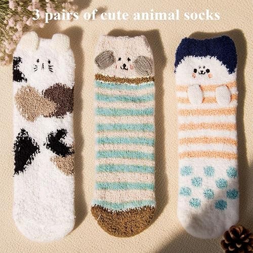 Loritta 3 Pairs Womens Fuzzy Socks Winter Warm Fluffy Soft Slipper Home Sleeping Cute Animal Socks thumbnail 5