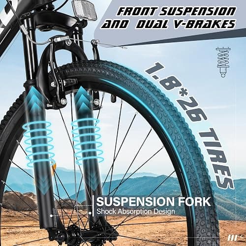 Betterland 26 Inch Mountain Bike with Adjustable Ergonomic Seat, 7/21 Speed Adult Bike with Dual V Brakes, Outdoor Cycling Bike with High Carbon Steel Frame and Front Suspension thumbnail 5