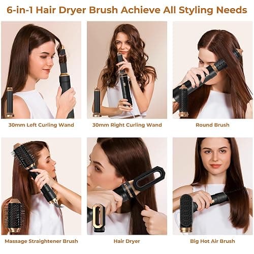 Atopskins Hairstyler 6 in 1 Hair Dryer Brush Set, Airstyler set mit Haartrockner Föhn,Luftstrom Rundbürsten Föhnbürste, Auto Lockenstab, Glättbürste,für Haar Volumen, Glätten,Locken und Föhnen,Schwarz thumbnail 2