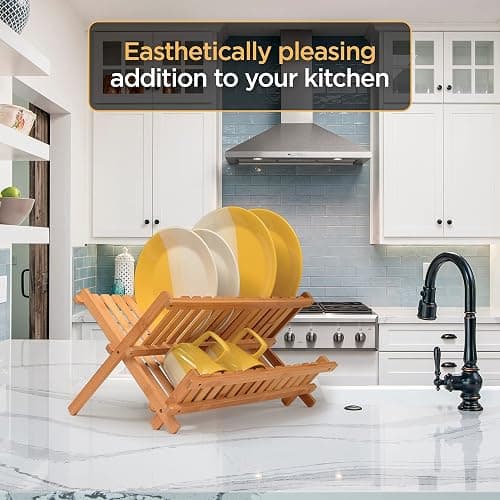 Dish Drying Rack - Bamboo Dish Rack for Kitchen Counter, Collapsible 2-Tier Wooden Drying Rack for Dishes, Plates, Cups, Utensils - Foldable Dish Drainer, Space-Saving Kitchen Drying Rack Organizer thumbnail 7