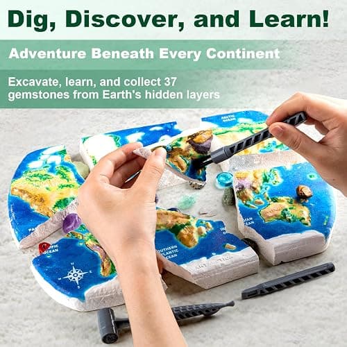 Gemstones Dig Kit for Kids – Excavate 37 Rocks & Crystals, STEM Science Kit with Info Cards & Display Stand – World Map Gem Digging Kit, Rock Collection Gift Educational Geology Gift for Boys & Girls thumbnail 4