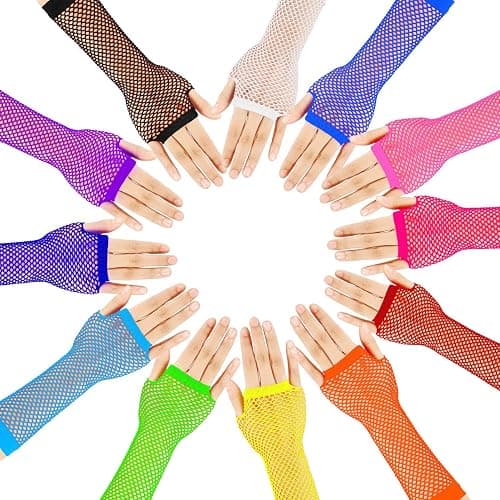 TecUnite 12 Pairs Fishnet Gloves Fingerless Neon Gloves for Women Men 80s Party Costume Accessories Supplies thumbnail 3