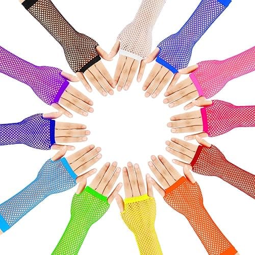 TecUnite 12 Pairs Fishnet Gloves Fingerless Neon Gloves for Women Men 80s Party Costume Accessories Supplies - Simple Style thumbnail 3