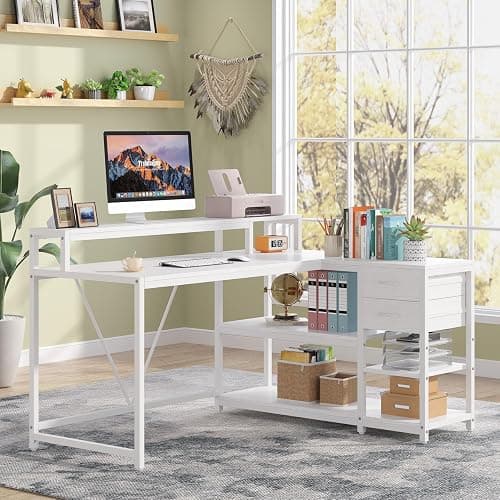 Tribesigns 55-inches Reversible L Shaped Desk with Drawer, Modern White L Corner Desk Home Office Table with Storage Shelves and Monitor Stand, Wooden and Metal PC Desk for Small Space thumbnail 6
