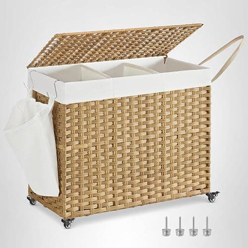 SONGMICS Laundry Hamper with Lid, 42.3 Gallons (160 L), Rolling Laundry Basket with Wheels, 3-Section Synthetic Rattan, Removable Liner, Bedroom, 29.9 x 13 x 26 Inches, Natural ULCB365N01 thumbnail 10