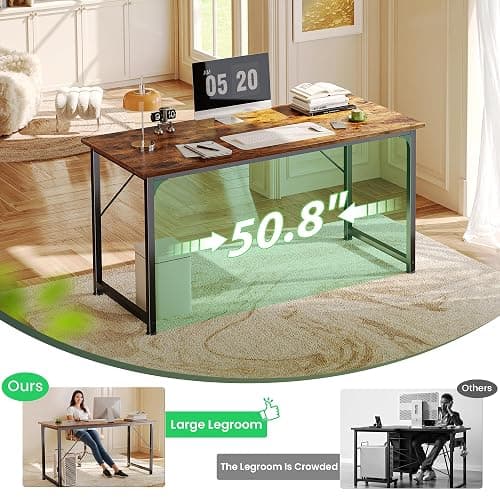 Huuger Computer Desk, 55 Inch Home Office Desk, Gaming Writing Work from Home Study Desk, Large Legroom, Sturdy Metal Frame, Modern Simple, Rustic Brown thumbnail 6